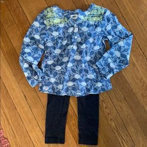 Floral embroidered blouse and denim look leggings